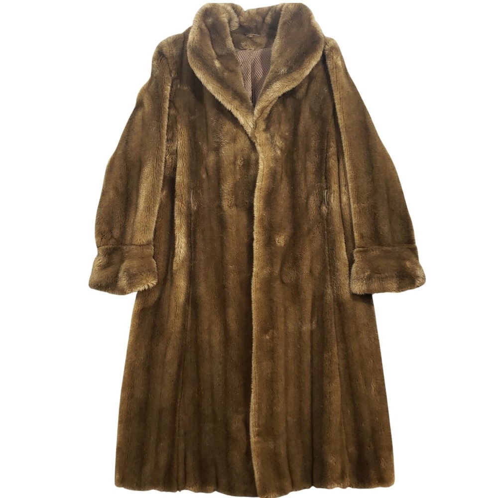 Vintage Astraka Brown Faux Fur Longline Coat Small Shawl Collar Made‎ in England